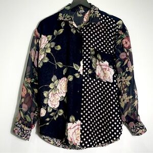 JUDY KNAPP Women's Blouse Floral Tan Polka Dots Semi-Sheer Size: ✔️Measurements